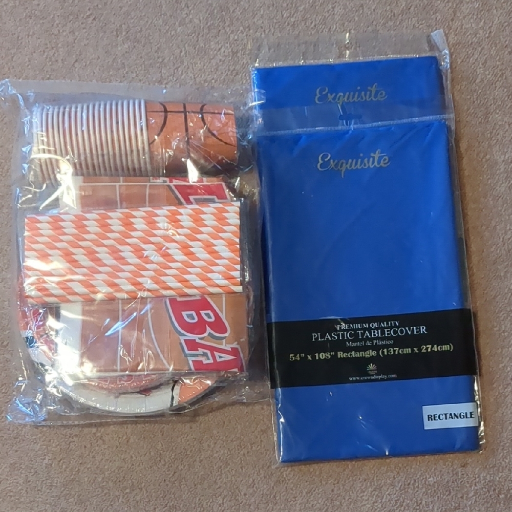 Blue Plastic Tablecover and Basketball Party Supplies Set